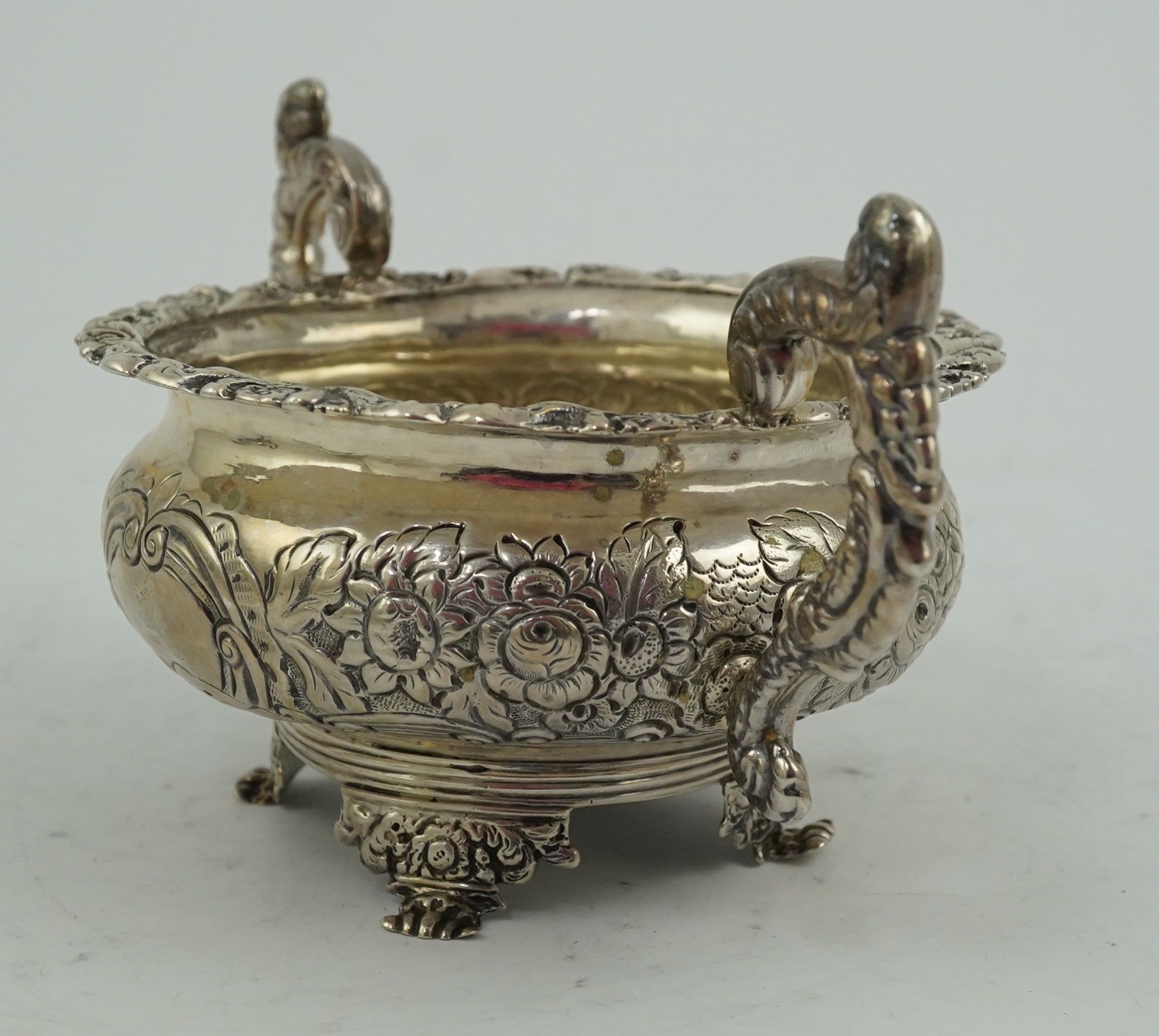 A George IV Irish embossed silver two handled sugar bowl, by James Scott
